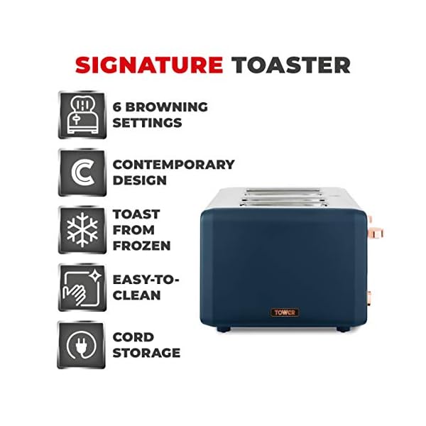 Tower T20051MNB Cavaletto 4-Slice Toaster with Defrost/Reheat, Stainless Steel, 1800 W, Midnight Blue and Rose Gold