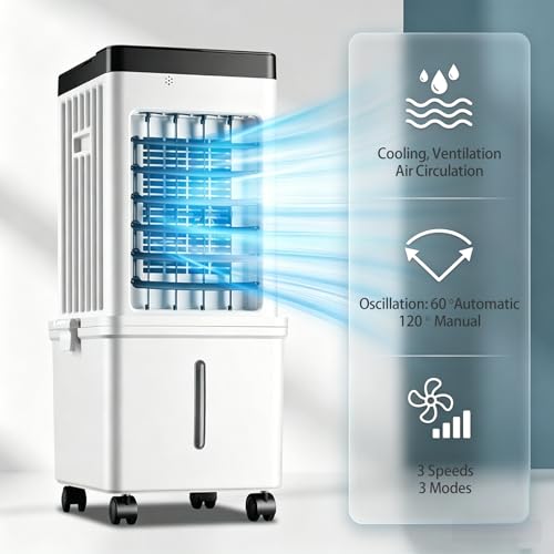 4-in-1 Portable Air Conditioner, Fast Cooling Evaporative Air Cooler, Ultra Quiet with 3 Wind Speeds, 8L Large Water Tank & Remote Control, Air Conditioner Portable for Home Bedroom Office