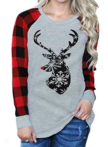 Women Christmas Reindeer Snowflake Print Plaid Raglan Long Sleeve T-Shirt Christmas Xmas Gift Tops Blouse Size M (Grey)