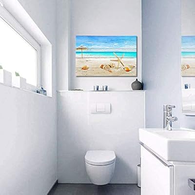 ArtHome520 Blue Sea Ocean Beach Canvas Print Wood Backgroud Wall Art Home Decor Starfish Shell Picture Bathroom Artwork… 41Yyxg7GRnL