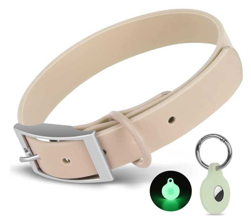 Cosyhome Adjustable Dog Collar with Airtag Holder: Durable Dog Collars, Soft Rubber Coated Webbing, Waterproof and Easy to Clean (M, Sand)
