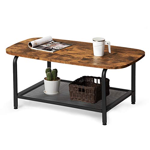 KICODE Coffee Table, Round Coffee Table with Storage Shelf, Industrial Cocktail Table for Living Room, Wood Look Accent Furniture, Metal Frame, Rustic Brown - Thumbnail 4