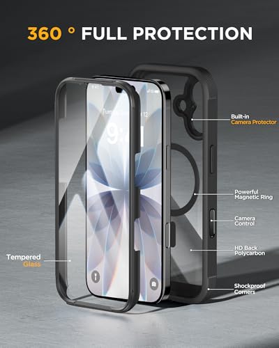 Miracase for iPhone 17 Case 6.3'', Full-Body Bumper Military Grade Drop Protection Outdoor Phone case with Built-in Glass Screen &Camera Control,Easy Installation,No Gap,Compatible with MagSafe,Black
