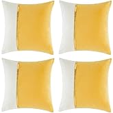 Fancy Homi 4 Packs Yellow Decorative Throw Pillow Covers 18x18 Inch for Living Room Couch Bed, Yellow and White Velvet Patchwork with Gold Leather, Luxury Home Decor Square Cushion Case 45x45 cm