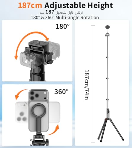 XXZU 187cm Magnetic Phone Tripod, Lightweight Monopod for Camera with Remote Control & Magnetic Phone Holder, Aluminum Tripod for Smartphone,Travel Tripod for iPhone/Android/Camera/Projector/Ringlight