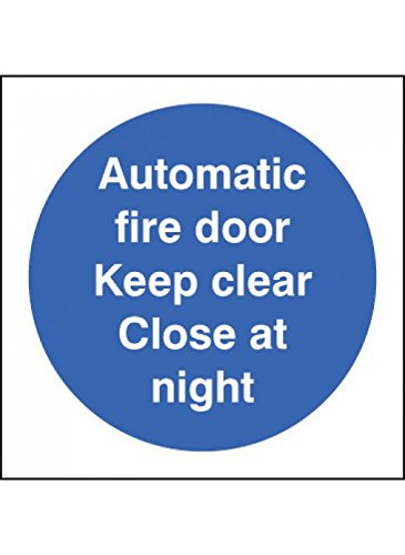 Caledonia Signs 21617B Automatic Fire Door Keep Clear Close at Night Sign, Self Adhesive Vinyl, 80 mm x 80 mm