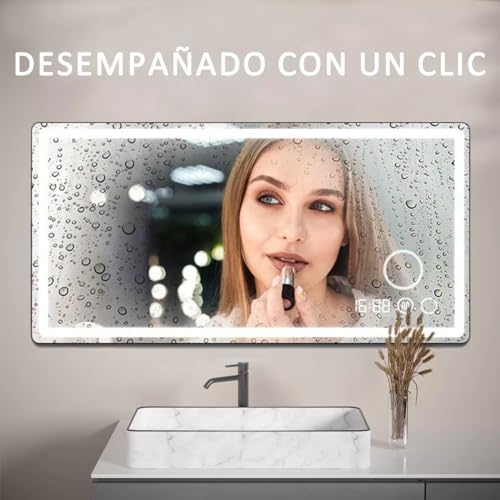 HALMAN Espejo Led para Baño,80 * 61CM Espejos de Pared Rectangular, Espejo Sin Marco con Iluminación de 3 Colores, Antivaho, Brillo Ajustable, Pantalla de Tiempo y Temperatura, Colgante Horizontal