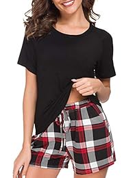 M-anxiu - Pijama para mujer, 2 piezas, parte superior corta de algodón y parte inferior corta a cuadros, ropa de dormir S-XXL