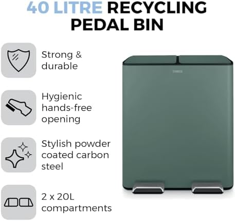 T838022FOR Pattumiera a pedale con due scomparti da 20 litri, corpo in acciaio al carbonio, due secchi interni, 40 l, verde foresta