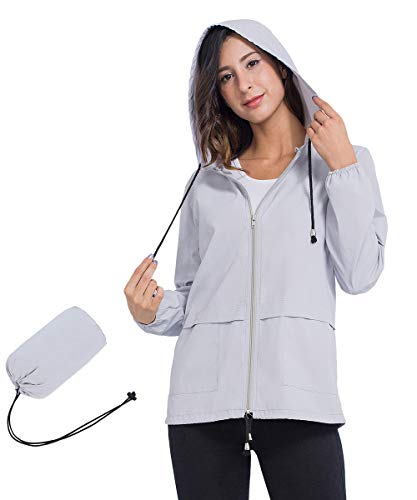 JTANIB Rain Jackets for Women, Lightweight Zip Up Hiking Travel Cycling Hooded Waterproof Raincoat S Grey