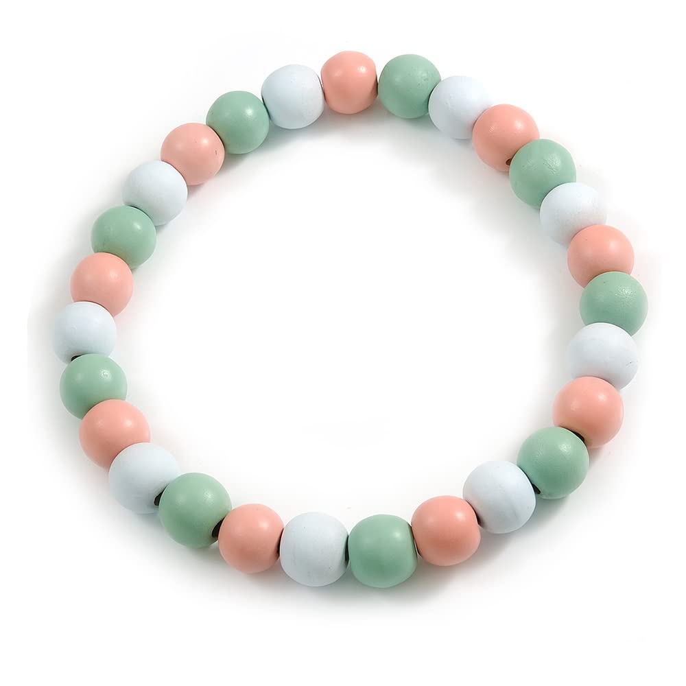 Avalaya Chunky Pastel Mint/White/Pink Round Bead Wood Flex Necklace - 48cm Long