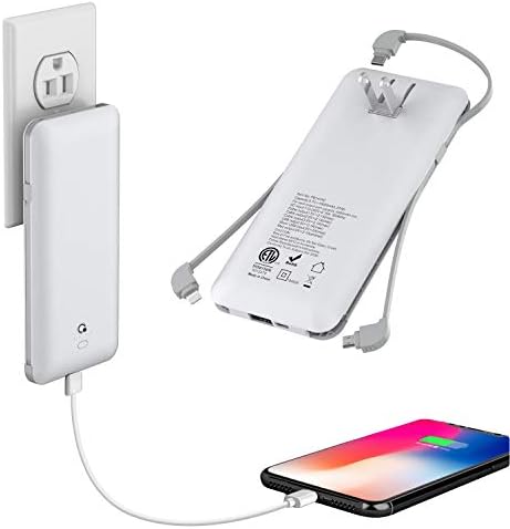 10000mAh Q Portable Charger, Ultra Slim USB C Power Bank, 4 Output Dual Input External Battery Pack with Built-in AC Wall Plug,Built in Micro and USB C Three Cables Compatible with All mobilephone