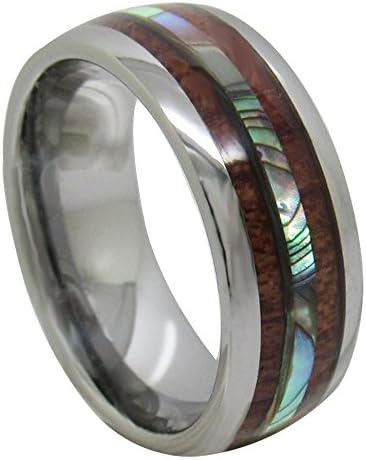 XIMAKA Women Men 8mm Tungsten Silver Vintage Wedding Band Inlaid Wood and Abalone Shells Engagement Rings,Size 8.5