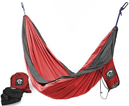 Camping Hammock with Upgraded Straps &amp; Carabiners (2 Each) | Patent-Pending Design for Easier Take-Down &amp; Pack-Up |100% Parachute Nylon by NCal Outfitters (Red/Gray, Single)