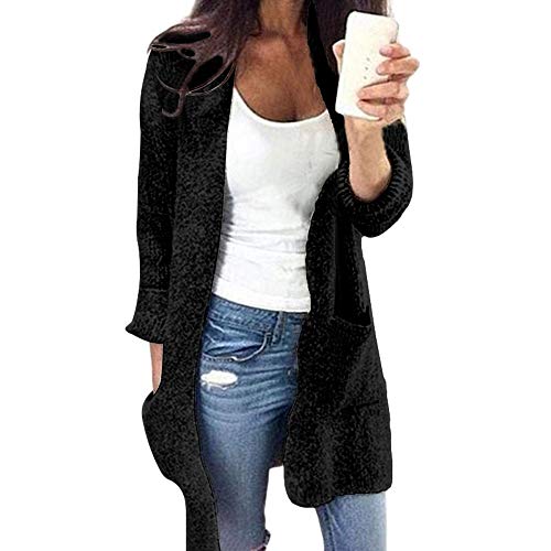 Sanyyanlsy Women's Winter Solid Knitted Open Front Cardigan Coat with Pocket Autumn Fashion Long Sleeve Sweater Tops Tee Black