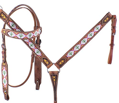 Showman Cactus & Diamond Print Beaded Headstall & Breast Collar Set w/Reins! New Horse TACK!