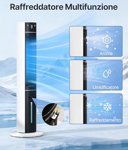 EXNOS Ventilatore a torre con raffreddamento ad acqua – ventilatore a piantana con telecomando silenzioso, aria condizionata mobile senza tubo di scarico, 3 modalità e gradini, aroma timer 12H, Bianco