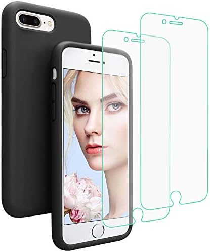 Pnuotuos iPhone 8 Plus Case, iPhone 7 Plus Case, Liquid Silicone Phone Case with 2-Pcs Free Tempered Glass Screen Protector Gel Rubber Shockproof Protective Case for iPhone 8 Plus / 7 Plus - Black