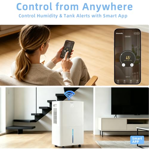 Folanzy 40 Pint Smart Dehumidifier for Basements Home (Covers 3500 Sq.Ft) | Continuous Drain Hose, Water Tank,Auto Defrost, 24H Timer & Quiet Operation for Garage,Bedroom