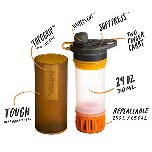 GRAYL Geopress 24 oz Water Purifier for Global Travel, Backpacking, Hiking, and Survival (Coyote Amber)