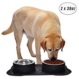 Easeurlife Stainless Steel Dog Bowl Set 2 x 38oz No Spill/Non-Skid Silicone Mat Double Pet Bowls Set for Medium Dogs, Each Bowl About 1100ml Black