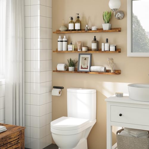 HOOBRO Floating Shelves for Wall, Wooden Floating Shelves Set of 3, Wall Mounted Shelves for Living Room, Wall Shelf with Raised Edge, Invisible Bracket, for Bathroom, Bedroom, Rustic Brown EBF90BJ01