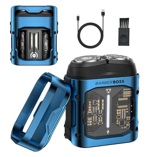 BarberBoss Men’s Pocket Rotary Shaver, Compact Electric Razor, Stainless-Steel Flex Head, USB-Rechargeable, Mens Portable Mini Rotary Electric Shaver, QR-2721