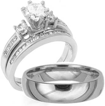 Amazon Com 3 Pieces Men S Women S His Hers 925 Sterling Silver Titanium Wedding Ring Set Available Sizes Men S 7 8 9 10 11 12 13 Women S Set 5 6 7 8 9 10 Contact Us With Sizes After Purchase Clothing