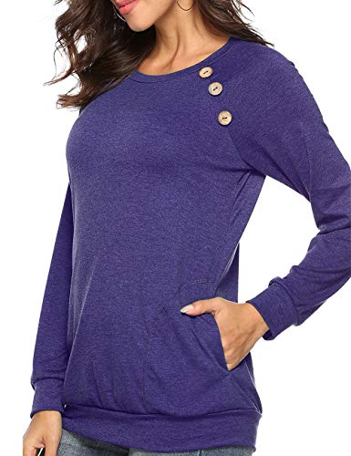 Womens Button Long Sleeve Tops Casual Blouses T-Shirt Round Neck Pockets Top Purple L