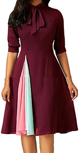 Cruiize Womens High Waist Half Sleeve Splice Bow Tie A-Line Knee Length Dress Wine Red Large