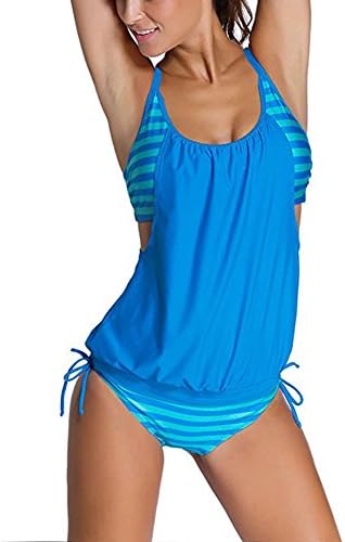 EVESUN Women's Straps Lined Push Up Swimwear Double Up Sexy Tankini Two Piece Swimsuit Set(S,BL)