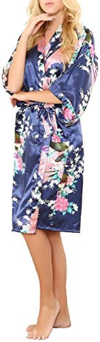 ALLINLOVER Women's Printing Peacock Satin Kimono Robes Bride and Bridesmaids Nightgown, Navy, X-Large