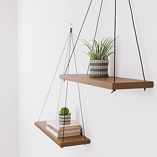 Omysa Boho Wall Hanging Shelf Set Of 2 Wooden Hanging Shelves For Wall Farmhouse Rustic Floating Shelving For Bedroom Bathroom Living Room Nursery Triangle Window Rope Wood Hanging Plant