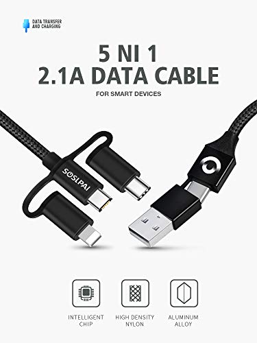 SOSLPAI 5-in-1 Universal USB Charging Cable | Fast Sync & Charge Cables | Compatible with iPhone & Android | Lightning, USB, Micro USB, Type C (3ft)
