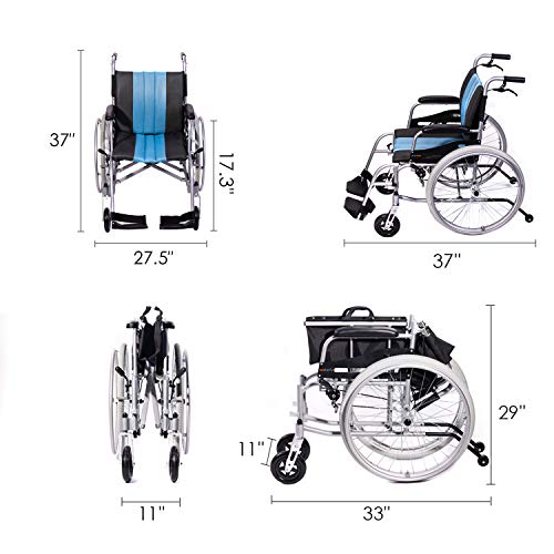 Hi-Fortune Wheelchair 21lbs Lightweight Self-propelled Manual Wheelchairs for Adults with Cushion and Travel Bag, Portable and Folding, 17.5'' Seat, Blue - Thumbnail 7