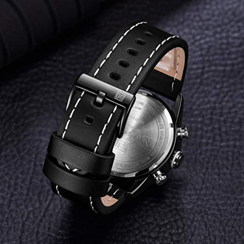 Genuine Leather Band Analog Digital LED Dual Time Display Outdoor Sport Watch Mens Watch Black - Thumbnail 5