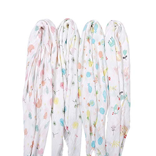 Baby Muslin Swaddle Blanket for Newborn Girls | 70% Bamboo 30% Cotton Receiving Blanket Swaddle Wrap with Gift Box | 4 Packs 47 X 47 inch Muslin Towel | Bunny, Pineapple, Dandelion, Flamingo