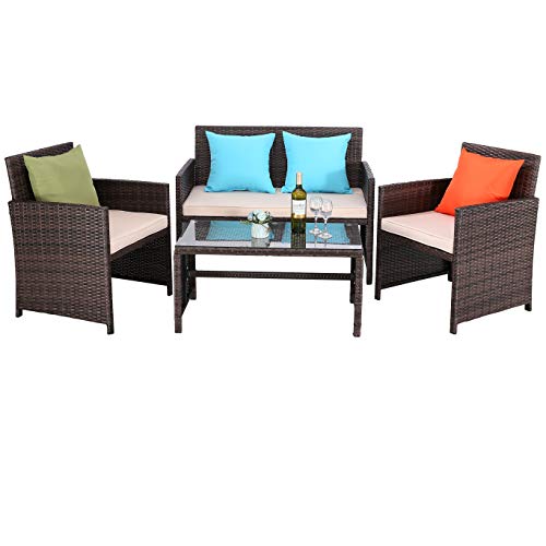 Do4U Outdoor Patio Furniture Set 4 Pcs PE Rattan Wicker Garden Sofa and Chairs Set with Beige Cushion with Table (Mix-Beige)