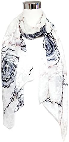 Chiffon/Satin Blend Black/White Swirling Print - 100% Silk Long Scarf 22" x 70"
