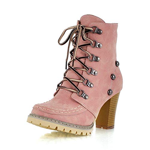 Teresamoon Women‘s Leisure Rivets Shoes Non-Slip Lace-Up High Heel Short Tube Boots (Pink/39) - Thumbnail 2