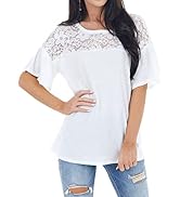 ZXZY Womens Solid Color Floral Lace Hollow Out Tunic Tops Waffle Bell Sleeves Shirt