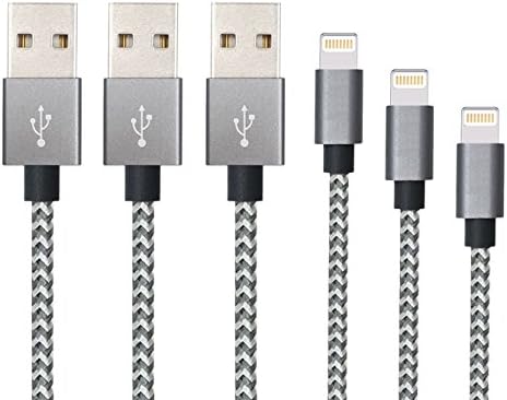 Mingu iPhone Charger 3'/6'/10' Nylon Braided Cord Lightning Cable to USB Charging Cable for iPhone 7/7 Plus/6S/6/5S/5C/5/SE, iPad Pro, Air, iPad Mini 4/3/2, iPod Nano/Touch - Dark/Grey - 3 Piece