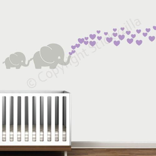 Cutie Grey Elephants with Colored Bubble Hearts Vinyl Wall Decal Sticker Baby, Nursery, Play Room (Lilac Hearts)