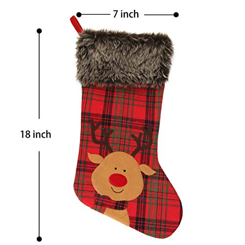 Aitbay Christmas Stockings, 4 Pack 18" Big Xmas Stockings, Burlap Plaid Style with Snowflake Santa Snowman Reindeer and Plush Faux Fur Cuff Family Pack Stockings for Xmas Holiday Party Decor