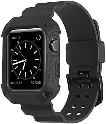 CHEEDAY Soft Silicone Apple Watch Band Shockproof Protective Strap with Case Cover,TPU Rubber iWatch Strap for Apple Watch Series 3 / 2 / 1,Sport Edition (Black 38mm)