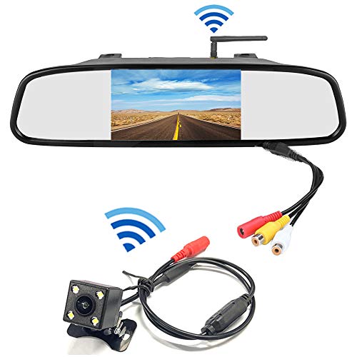 Hikity Backup Camera Wireless Rear View Mirror Monitor Kit Parking Assistance System 4.3 Inch HD Mirror Video Display Waterproof IR Night Vision Rear View Camera for 12V Car