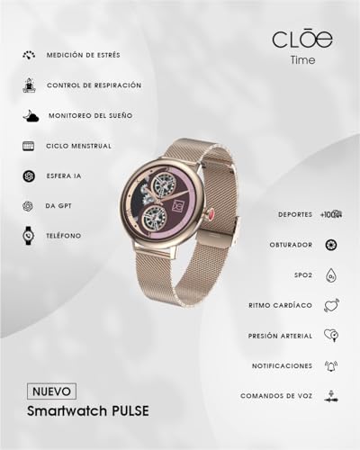 Clōe Pulse Smartwatch para Mujer con Llamadas Bluetooth, Pantalla AMOLED, IA Integrada, Monitoreo de Salud, Más de 100 Deportes, Notificaciones Inteligentes, IP68 y Correa de Silicón