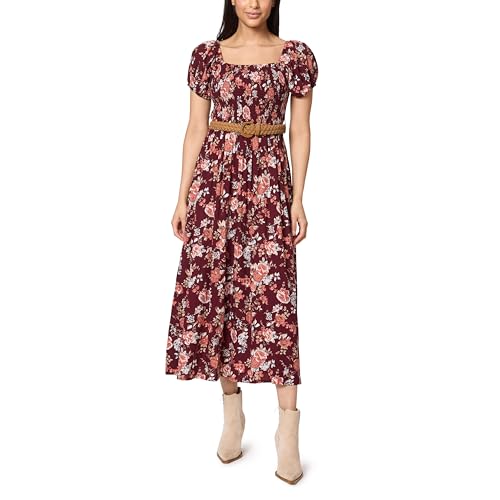 WallFlower Women's Alma Rayon Challis Puff Sleeve Smocked Belted Maxi Dress, Wi…