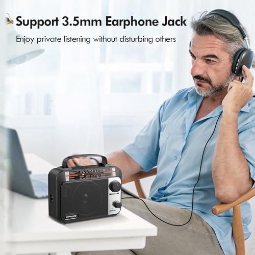 Audiocrazy Portable Radio AM/FM/SW1-2 Multiband Radio with Rechargeable Battery 1800 mAh, AC Cable or Portable FM Radio, Fleece, Speakers, Headphone Jack, AUX Input Black