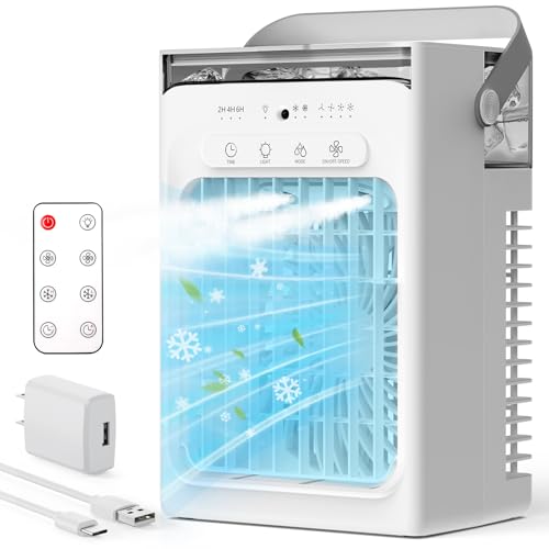 Portable Air Conditioners, Mini Personal Evaporative Cooler with Remote, 2 Mist Modes, 4 Wind Speeds, 1100 ML Water Tank, 2/4/6H Timer, Colorful Light, USB-C Powered Cooling Fan for Room Office Car